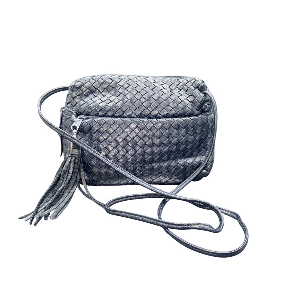 Aspects By Lisette Woven Leather Crossbody Bag Navy Blue Tassel Purse